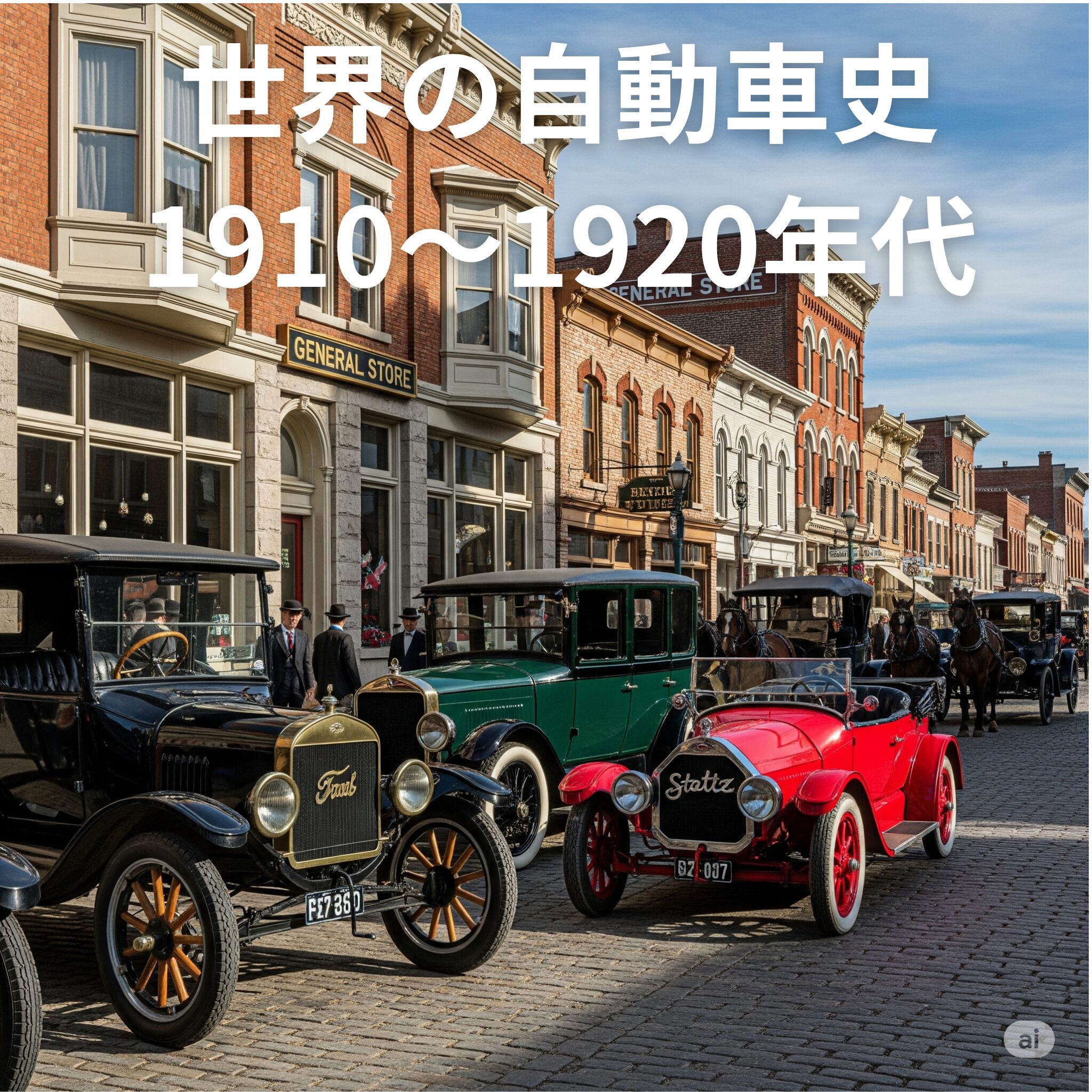 1910年代の活気ある街並み。石畳の通りに、フォード・モデルT、キャデラック・モデル51、スタッツ・ベアキャットなどのクラシックカーが並んでいる。