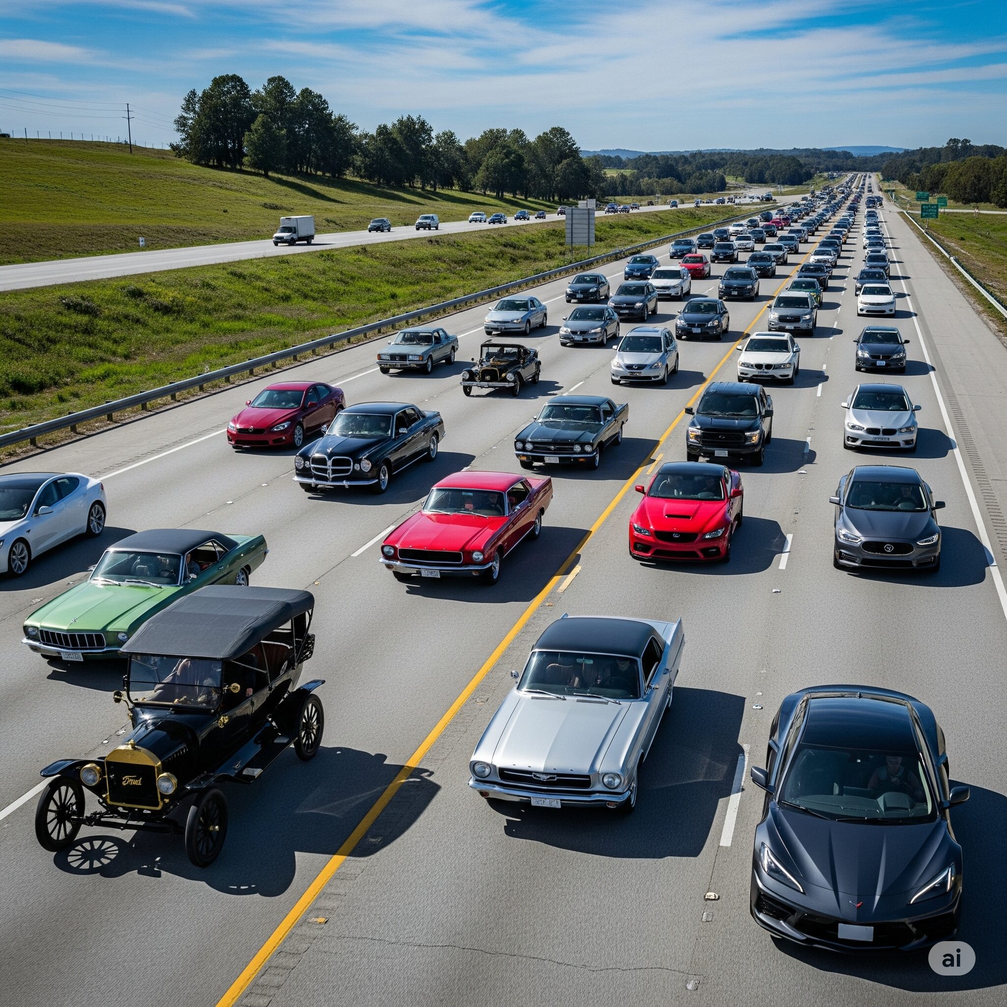 様々な年代のアメリカ車が高速道路を走る風景。手前にはクラシックカーや現代のEVが見える。