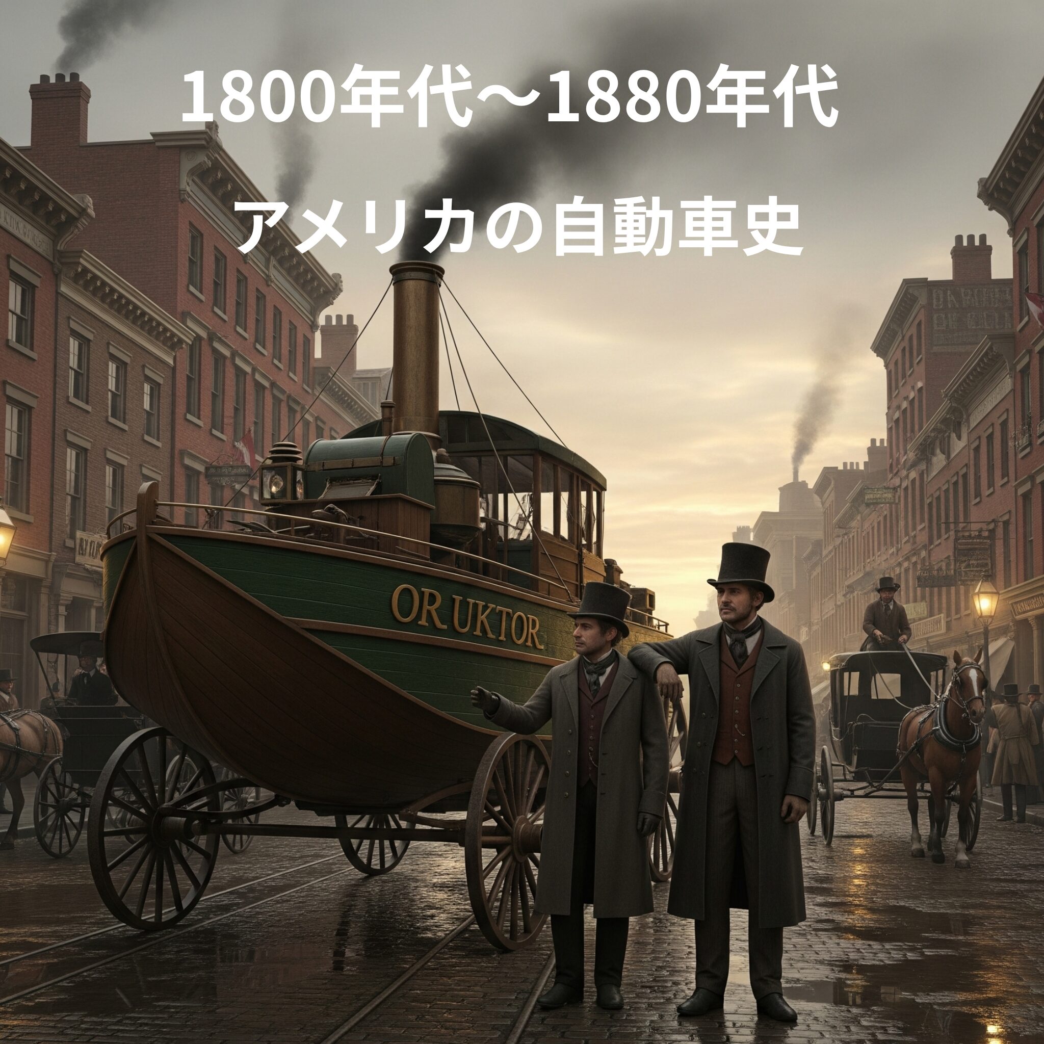 1800年代のアメリカの街並みを背景に、スチーム動力の巨大な水陸両用車「オラクター・アンフィボロス」が描かれています。その隣には、車を発明したオリバー・エバンスと、発明家であり蒸気船の設計者でもあるネイサン・リードが立っています。