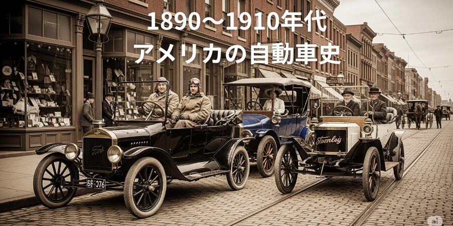 1910年代のアメリカの街並み。フォード・モデルT（ガソリン車）、デトロイト・エレクトリック（電気自動車）、スタンレー・スチーマー（蒸気自動車）が、それぞれのドライバーや乗客と共に混雑した石畳の通りに並んでいる様子。