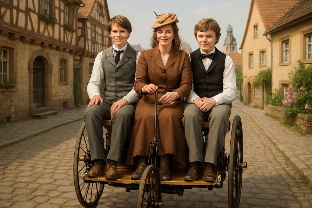 ベルタ・ベンツが2人の息子、オイゲンとリヒャルトと共に、世界初の長距離自動車旅行に出発する様子を描いた画像。彼女は自動車のハンドルを握り、息子たちは両側に座っている。3人は19世紀の服装を身に着けており、背景には石畳の道と歴史的な建物が写っている。