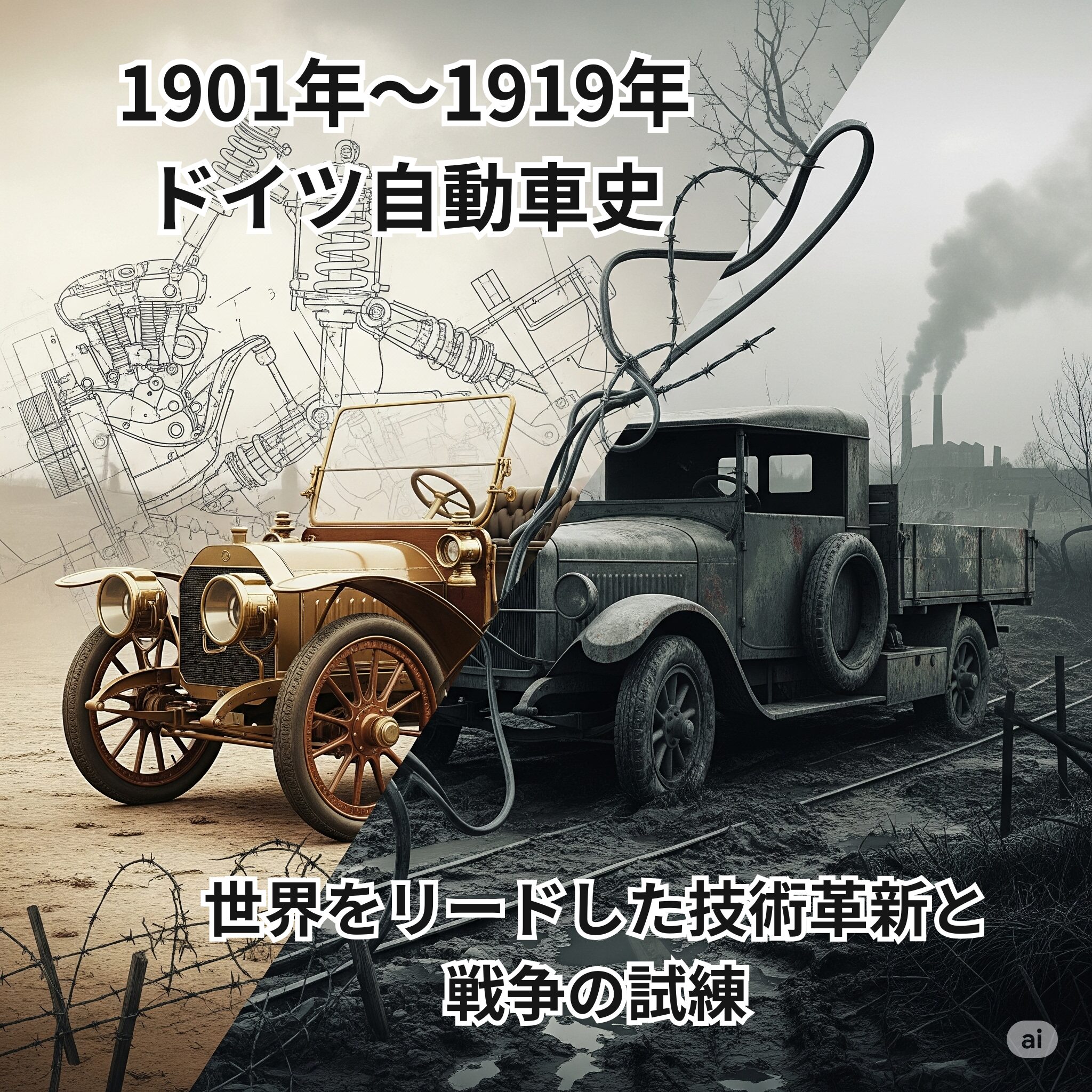 ドイツ自動車史の栄光と試練を表す、黄金のクラシックカーと軍用トラックが対比された幻想的な画像。