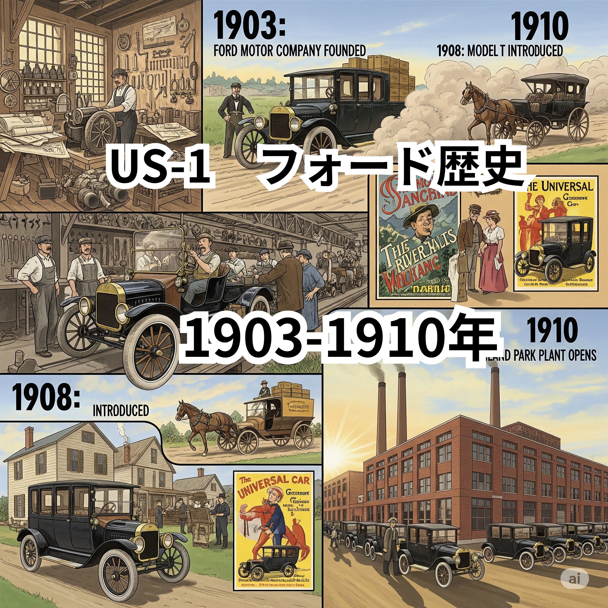 1903年から1910年までのフォード・モーター・カンパニーの歴史を、自動車産業革命の夜明けをテーマにした詳細なタイムラインで描いたイラスト。
