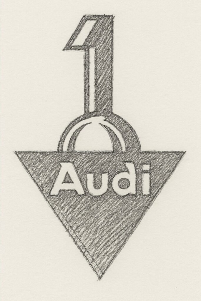 鉛筆で描かれた抽象的なAudiロゴ再現図。上部に数字「1」、中央に4つの円、下部に逆三角形と手描き風の「Audi」文字が配置されている。塗りつぶしはなく、すべて線で構成されている。