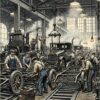 1900年代初頭の自動車工場。労働者が組み立てラインで車を製造しているイラスト。