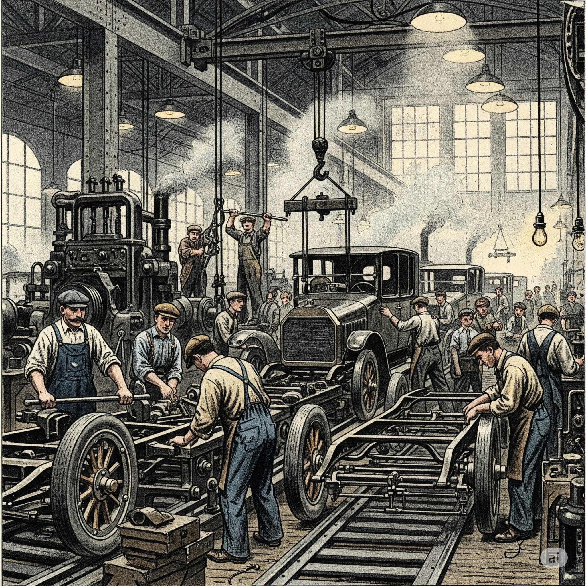 1900年代初頭の自動車工場。労働者が組み立てラインで車を製造しているイラスト。