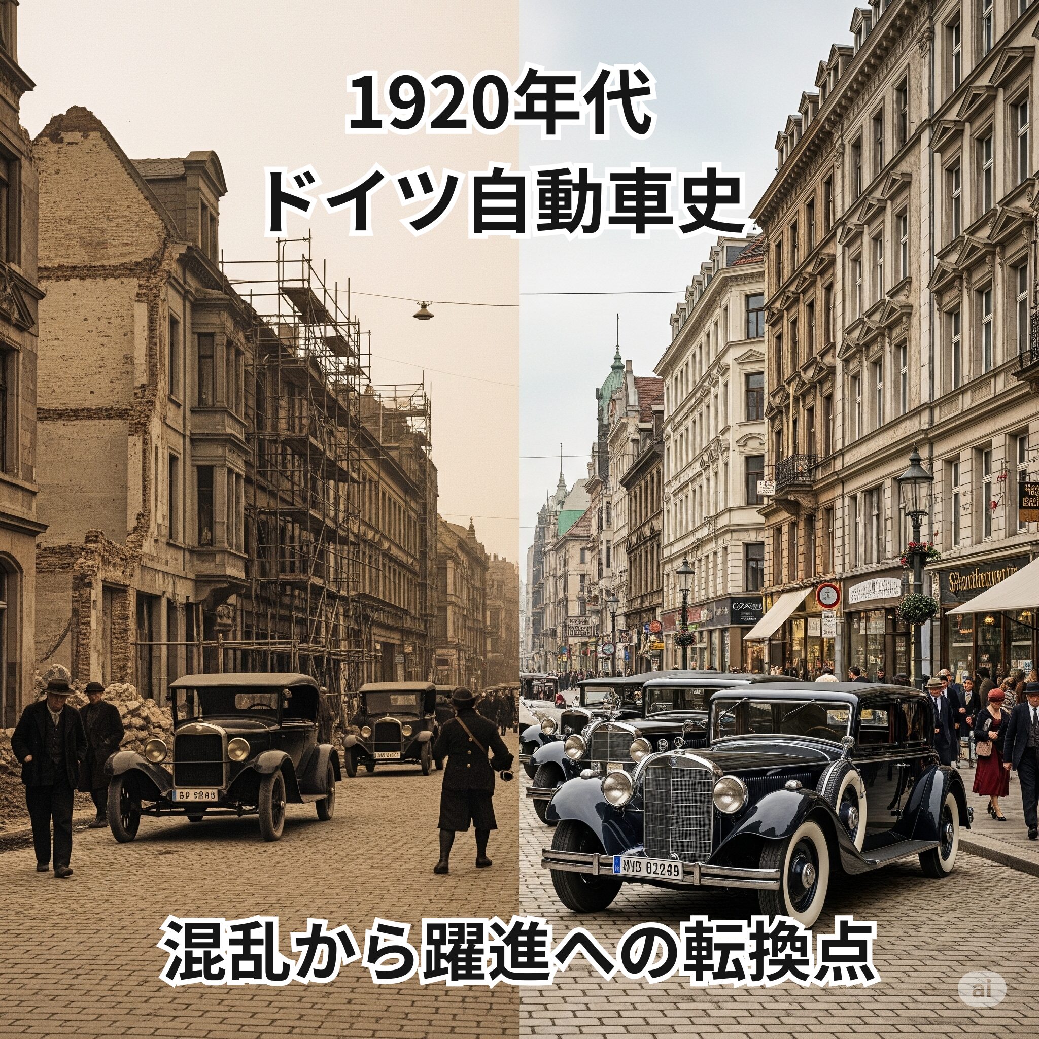1920年代のドイツの自動車史を左右で比較した画像。左側は、第一次世界大戦後の復興期で、シンプルな自動車が走る崩れた街並み。右側は、安定・発展期で、優雅な自動車が走る、整備された街並み。