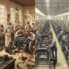手作業から組み立てラインへの生産方式の変化を対比して描いた、1910年代の自動車工場のイラスト。