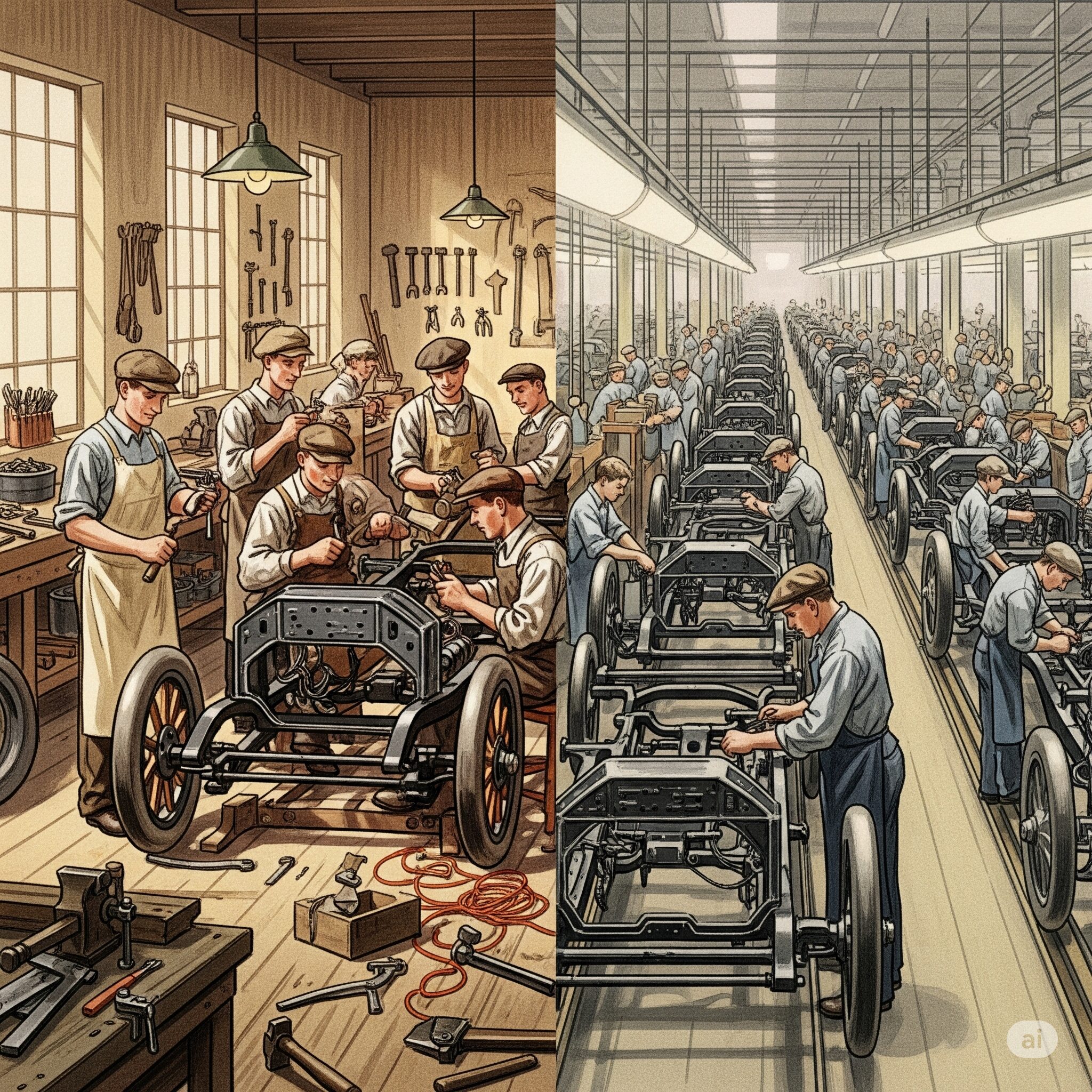 手作業から組み立てラインへの生産方式の変化を対比して描いた、1910年代の自動車工場のイラスト。