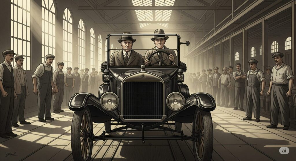 1927年5月26日、フォードのハイランドパーク工場で最後の1台（15,007,034台目）となるモデルTが生産ラインを離れる歴史的瞬間を描いたヴィンテージ風のイラスト。ヘンリー・フォードと息子エドセル・フォードが運転しており、多くの作業員に見守られている。