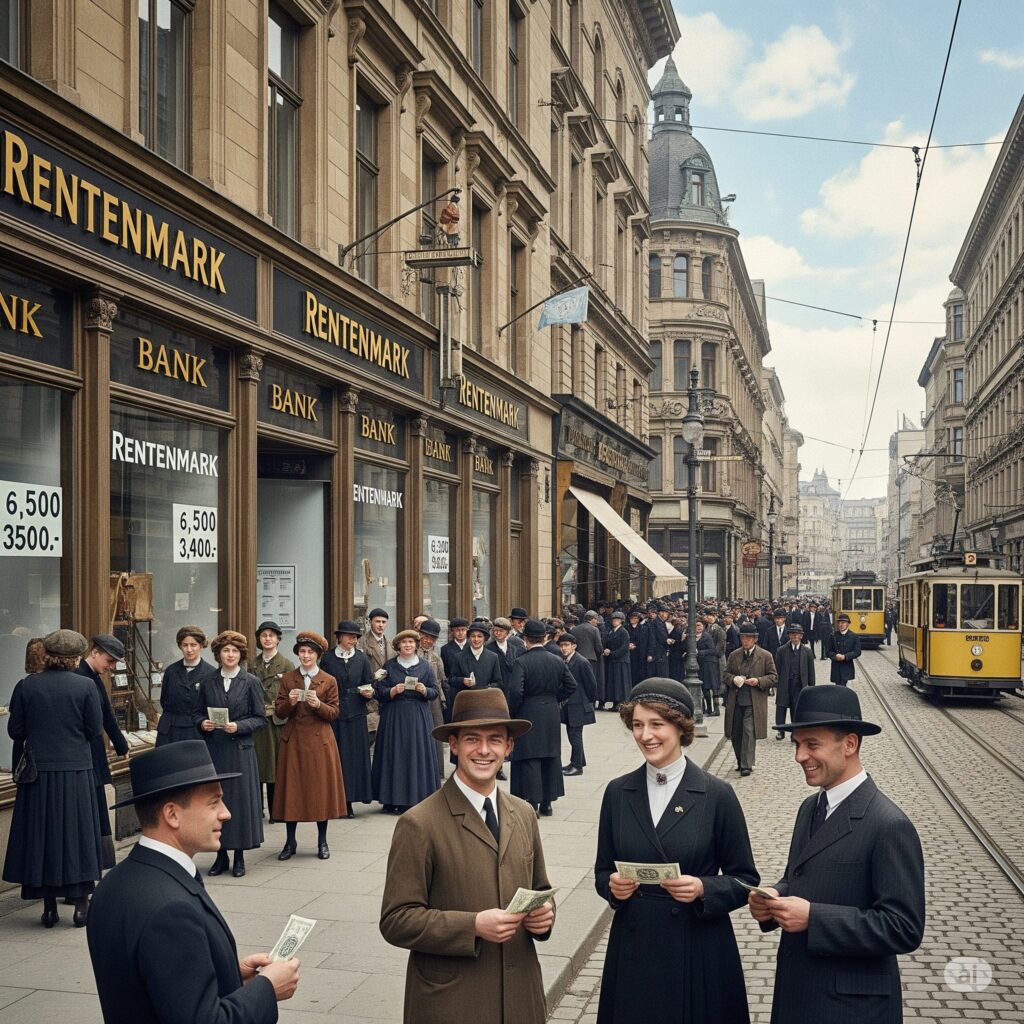 1923年末のドイツの街中で、経済の安定化が感じられる様子。人々は穏やかな表情で、新通貨であるレンテンマルクの紙幣を手に持っている。銀行の前には秩序だった行列ができており、以前のハイパーインフレの混乱とは対照的な、落ち着きと安心感のある雰囲気が描かれている。