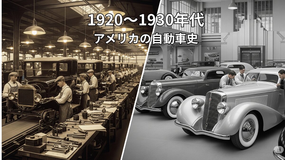 1920年代から1930年代にかけてのアメリカ自動車産業の変遷を捉えた画像。左側にはフォードの組立ラインでの大量生産が、右側には流線型のデザインを持つ革新的な車が描かれています。