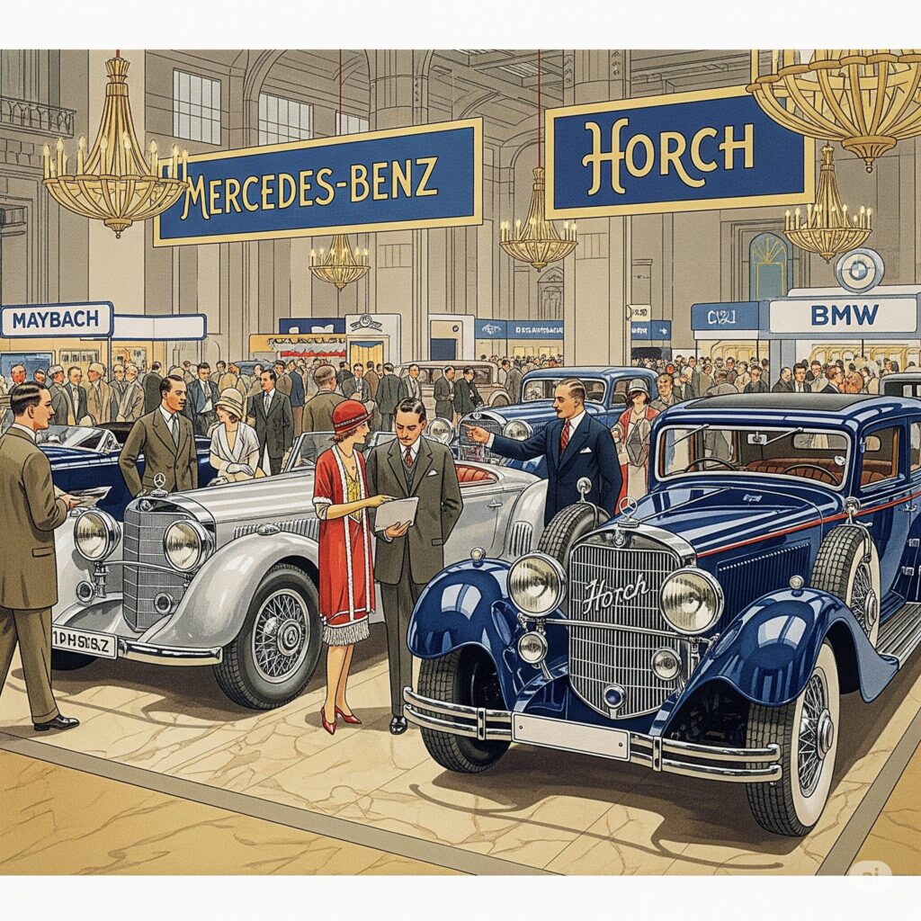 1929年のドイツ高級車展示会の賑やかな雰囲気を捉えた、鮮やかなカラーイラスト。アールデコ様式の建築が施された壮大なホールには、メルセデス・ベンツとホルヒの豪華な自動車が目立つように展示されています。中央には、流線型のシルバーのメルセデス・ベンツSSKが配置され、その長いボンネットとエレガントなラインが注目を集めています。その隣には、ダークブルーのホルヒ8が、堂々としたグリルと洗練された車体を見せつけています。どちらの車も、スーツを着こなした上品な男性や、フラッパードレスとクロッシュハットをかぶった女性たちに囲まれ、車を鑑賞しています。何人かは、ビシッとしたスーツを着たセールスマンと会話を交わしており、セールスマンは車のさまざまな特徴を指し示しています。高い天井からは装飾されたシャンデリアがぶら下がり、磨き上げられた車体と大理石の床に温かい光を投げかけています。背景には、当時流行のスタイルでデザインされた「Mercedes-Benz」と「Horch」の大きなバナーが見えます。マイバッハやBMWなど、その時代の他の高級ブランドも周辺の小さな展示エリアでさりげなく示唆されており、競争的な雰囲気を添えています。このイラストは、ヴィンテージ雑誌の広告を思わせる、クリーンで詳細なスタイルで描かれており、その時代の贅沢さと技術的進歩を捉えることに重点が置かれています。