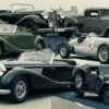 1930年代のドイツ自動車史をテーマにしたイラスト。メルセデス・ベンツ540Kやアウトウニオン、ホルヒなど、激動の時代に登場したクラシックカーや初期の軍用車がコラージュ風に描かれている。