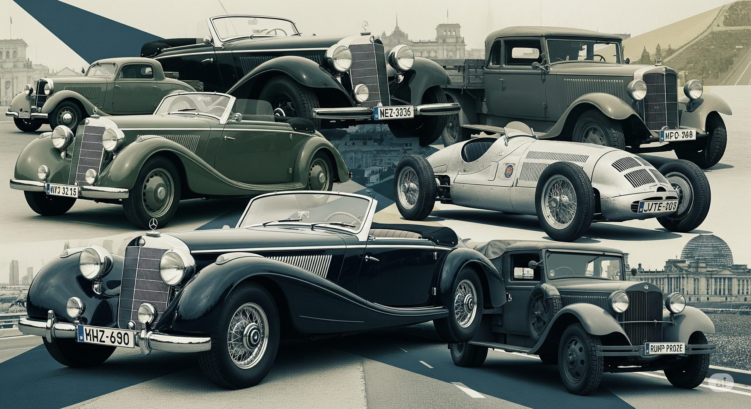 1930年代のドイツ自動車史をテーマにしたイラスト。メルセデス・ベンツ540Kやアウトウニオン、ホルヒなど、激動の時代に登場したクラシックカーや初期の軍用車がコラージュ風に描かれている。