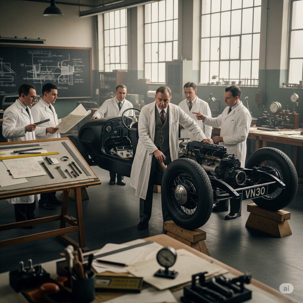 1930年代のドイツの研究所で、白衣を着たフェルディナント・ポルシェが、チームのエンジニアたちと共にVW30の車のシャーシを囲んで開発作業を進めている様子。彼らは熱心に車体を点検し、設計図を手に議論しています。背景には工学的な図面が描かれた黒板や工具が見えます。