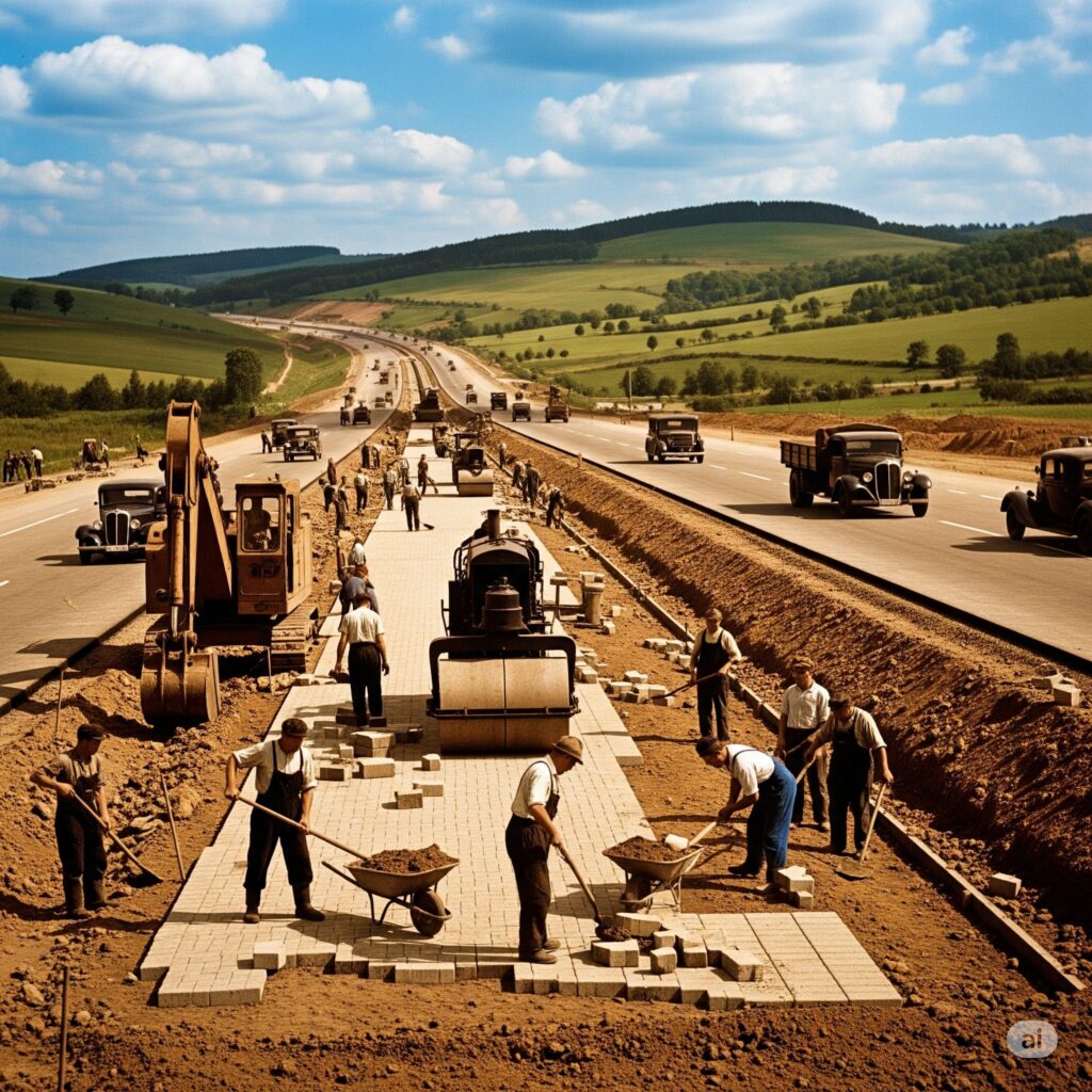1930年代のドイツのアウトバーン建設現場を捉えたカラー写真。作業員たちがショベルや手押し車を使い、石畳を敷き詰める作業をしています。遠くには掘削機や蒸気ローラーが見え、完成した車線では当時の車が走っています。背景には丘陵地帯が広がっています。