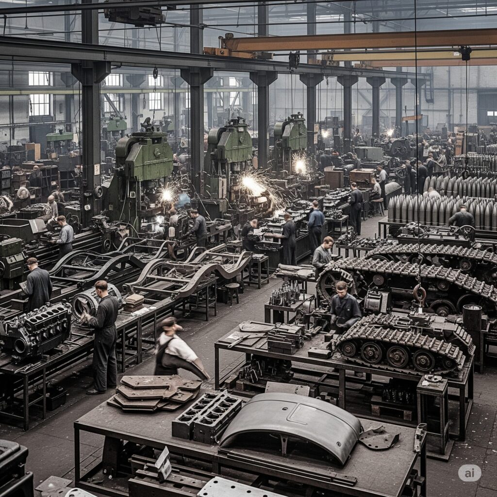 1930年代のドイツの工場内、軍事生産に転換していく様子。手前には自動車のシャーシやエンジン部品があり、奥には戦車の履帯や砲弾が製造されている。作業員たちが忙しく働いている様子が鮮やかなカラーで描かれている。