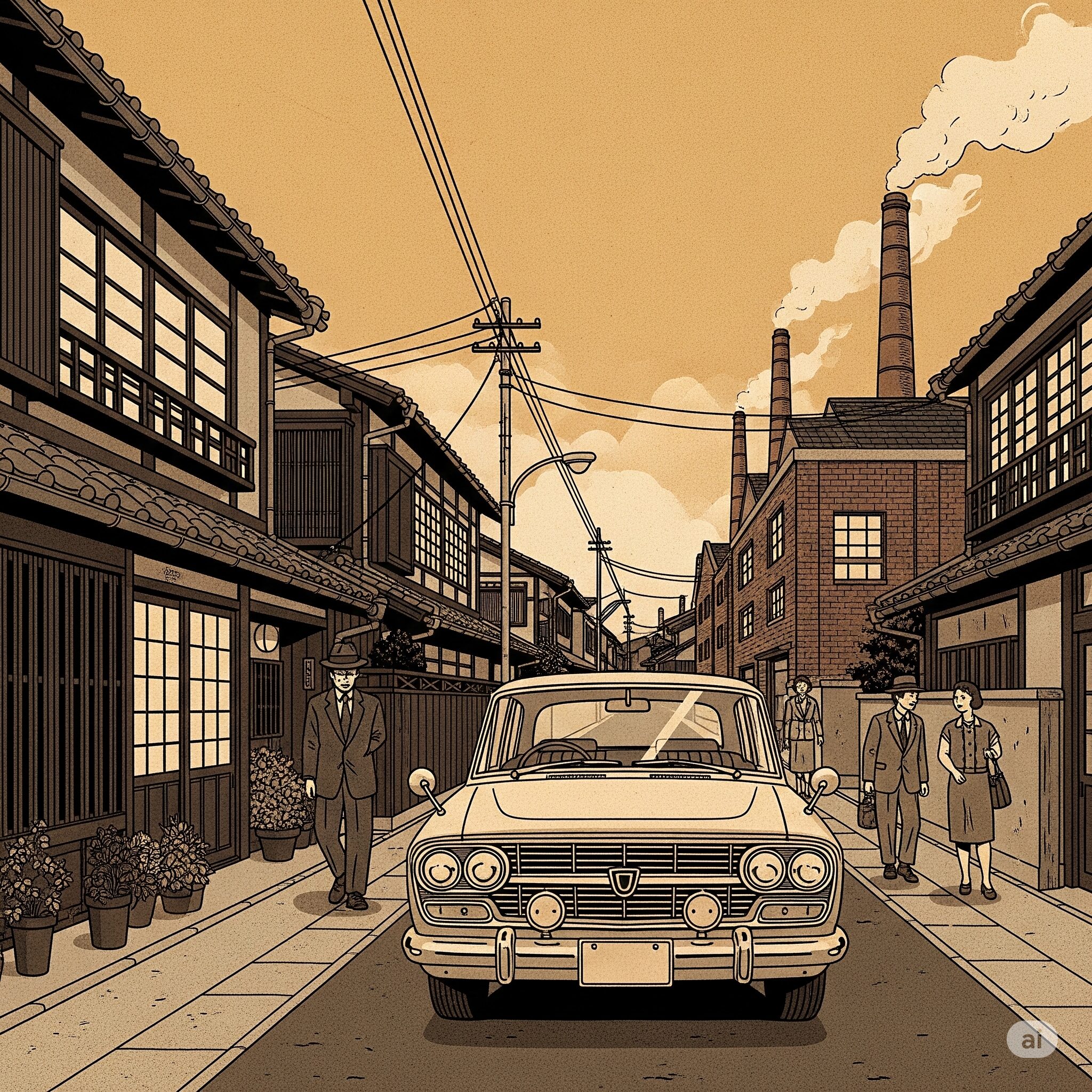 1950年代の日本の街並みを走るクラシックな自動車のイラスト。