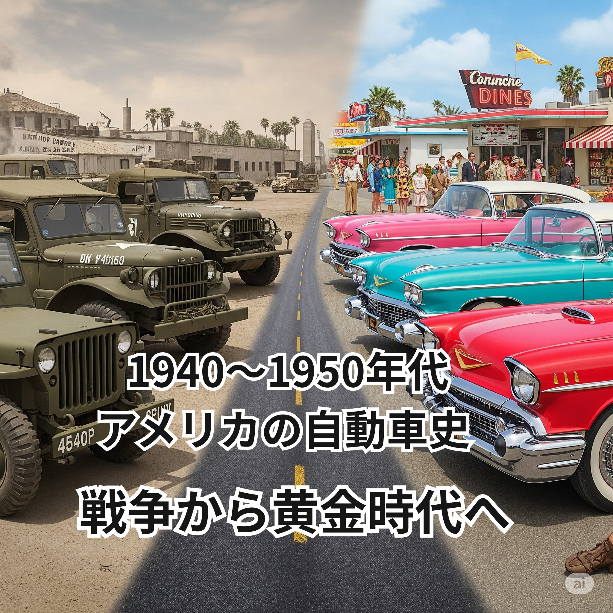 1940年代の軍用車と、1950年代のカラフルなクラシックカーが中央の道路を挟んで並び、戦後から黄金時代へのアメリカの自動車史の移り変わりを描いた画像。