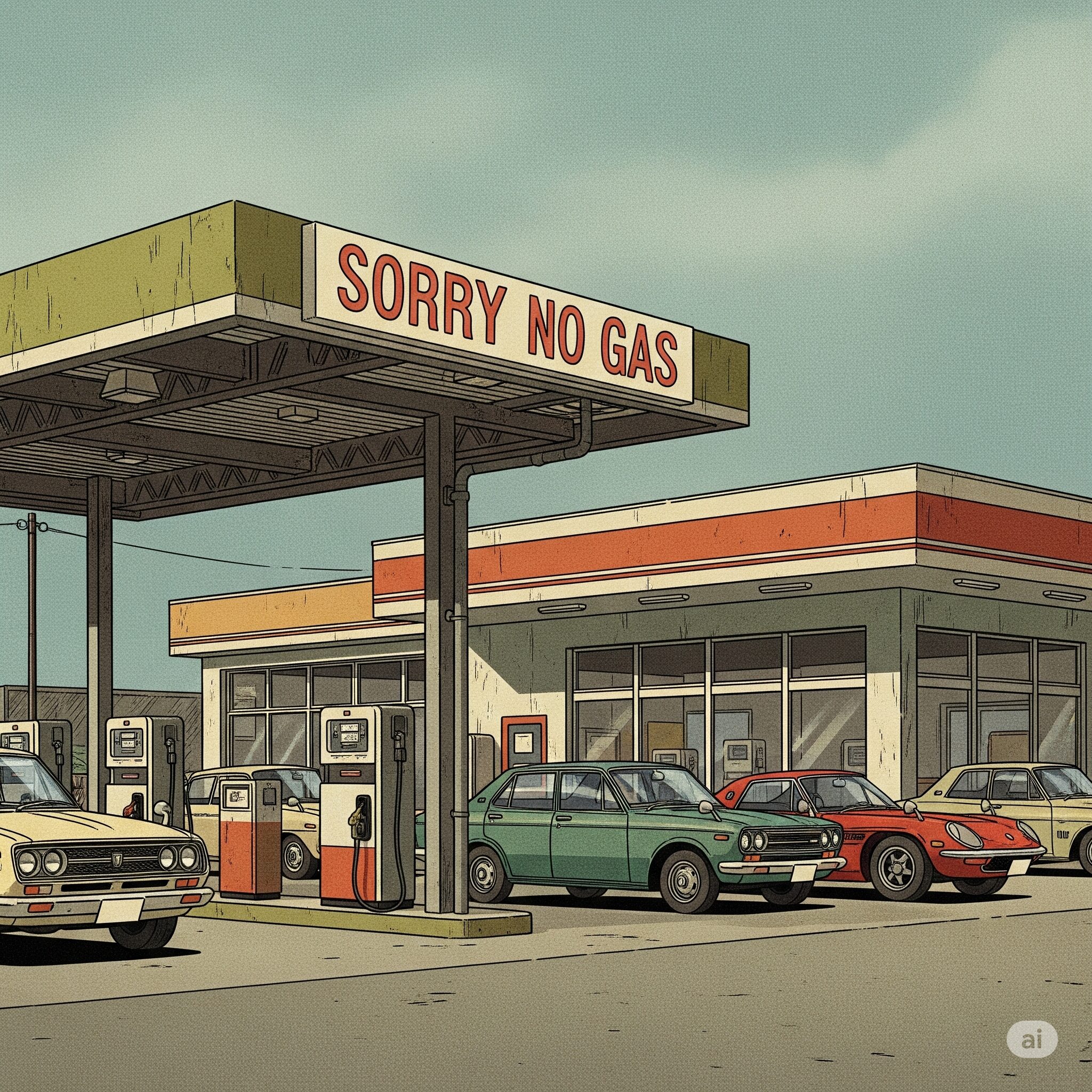 1970年代の日本のガソリンスタンド。ガソリン不足を示す「NO GAS」の看板と、当時の自動車が描かれているイラスト。