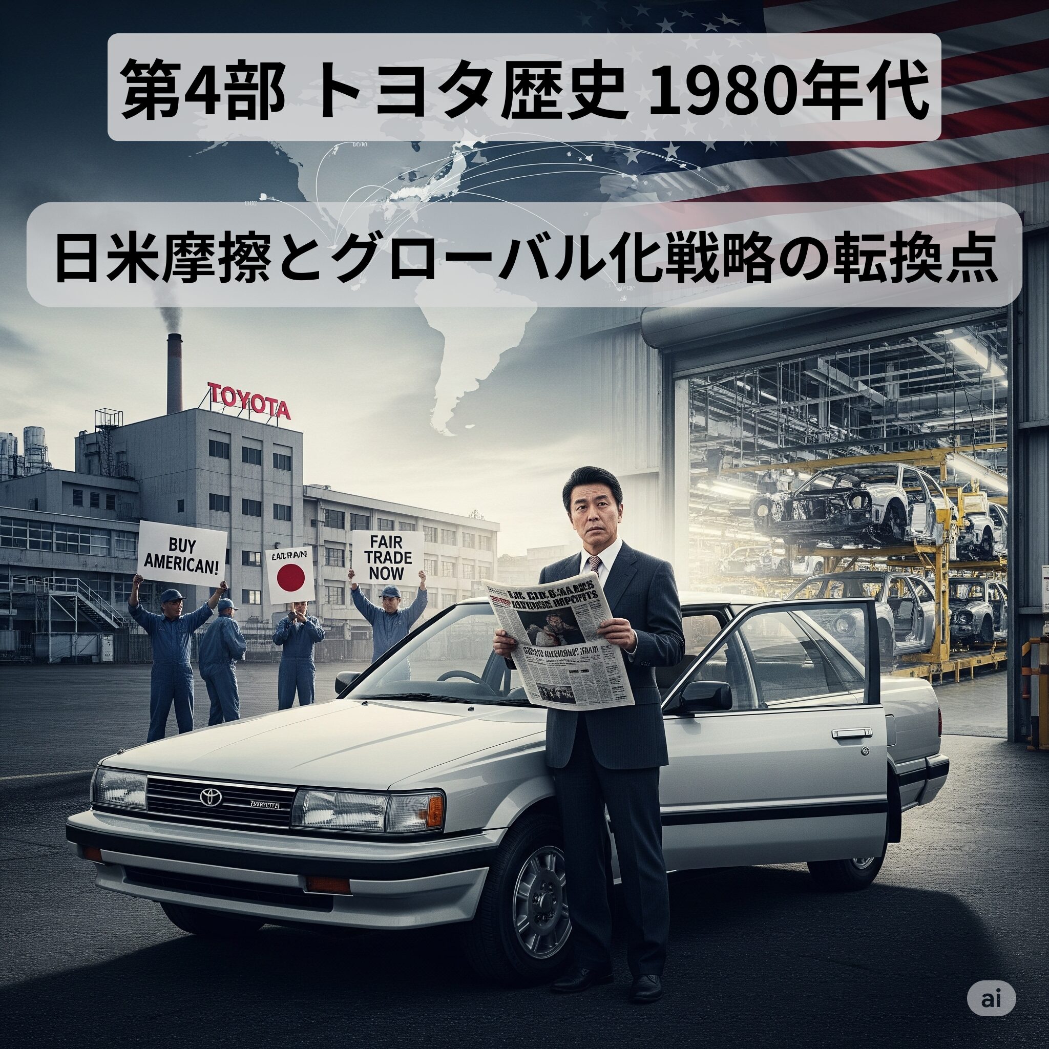 日米貿易摩擦を背景に、トヨタのグローバル化戦略の転換点を描いた画像。トヨタの工場を背に立つ日本人幹部と、アメリカの自動車工場と抗議するアメリカ人労働者が描かれている。中央には1985年製のトヨタ・カムリが置かれている。
