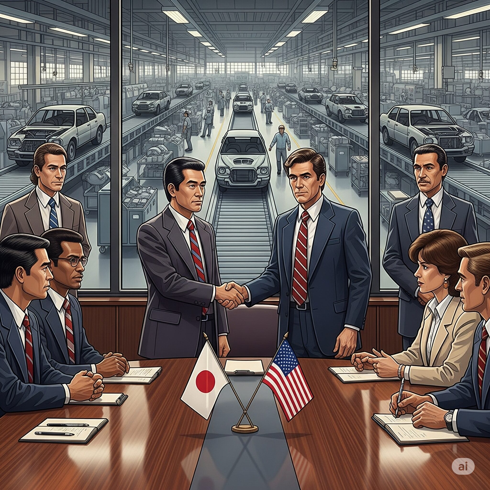 1980年代の日米貿易交渉。両国の国旗を前に、ビジネスマンたちが握手を交わしているイラスト。背景には自動車工場が見える。