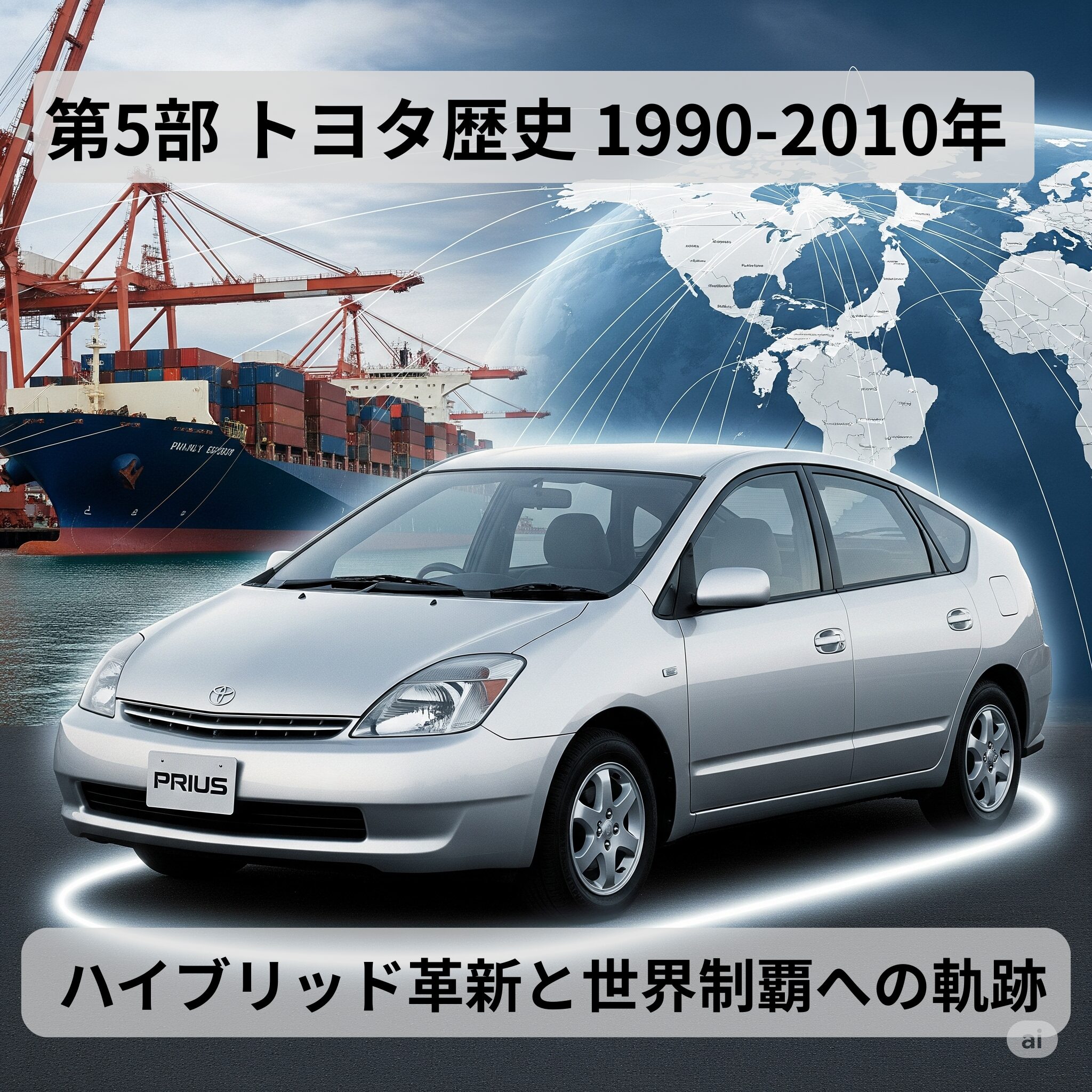 1997年の初代トヨタプリウス（NHW10）。グローバル輸出を背景にした画像。