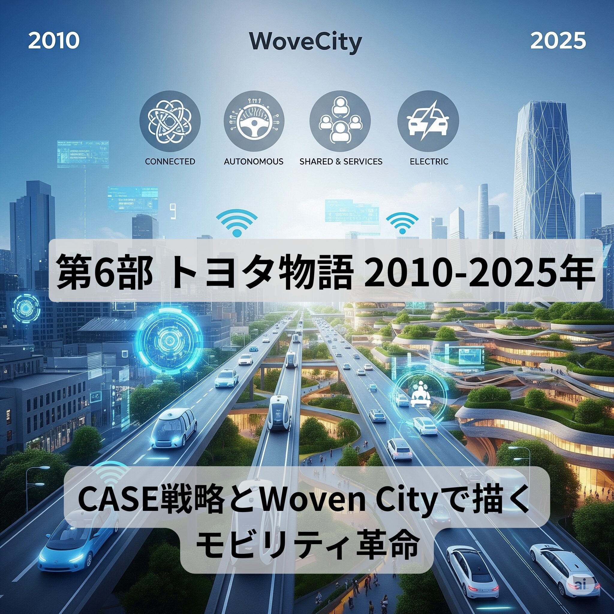 2010年から2025年までのトヨタのCASE戦略とWoven Cityを視覚化した画像。