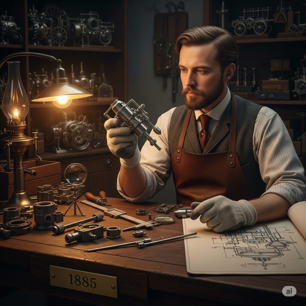 Wilhelm Maybachが1885年にフロート供給式キャブレターを開発している様子。彼は工房の木製の作業台に座り、革のエプロンを着用し、手袋をはめた手でキャブレターを注意深く調べている。作業台の上には、さまざまな工具やエンジンの部品が置かれており、広げられた設計図にはキャブレターの図が描かれている。ガスランプの温かい光が作業台を照らし、背後には機械部品が並んだ棚が見える。作業台の前面には「1885」と刻まれた真鍮のプレートが取り付けられている。