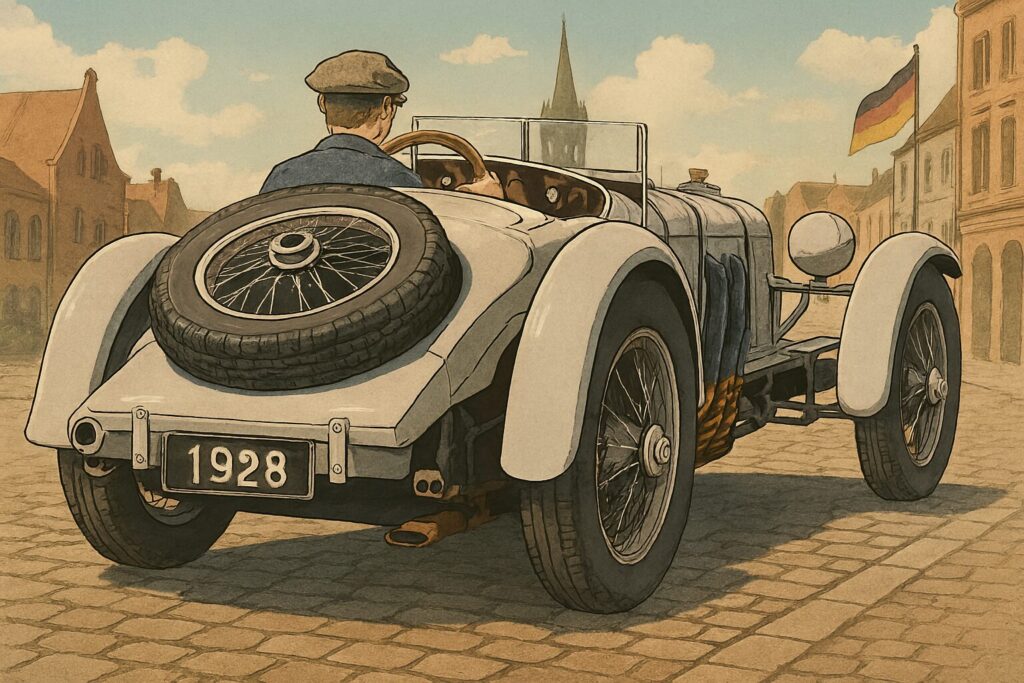 1928年式メルセデス・ベンツSSKの後ろ姿が描かれたイラスト。石畳の道に停車し、背景には尖塔のある教会や赤レンガの建物など、1920年代のドイツの街並みが広がっている。車はオープンタイプで、運転席には帽子をかぶった人物が座っている。スペアタイヤやワイヤースポークのホイール、クロームのバンパーなど、クラシックカー特有のディテールが精密に描写されている。