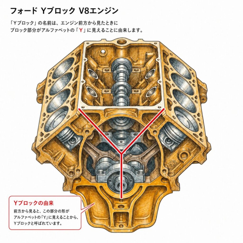 フォードYブロックV8エンジンの断面イラスト。前方から見るとエンジンブロックがアルファベットの「Y」に見えることが、その名称の由来とされている。
