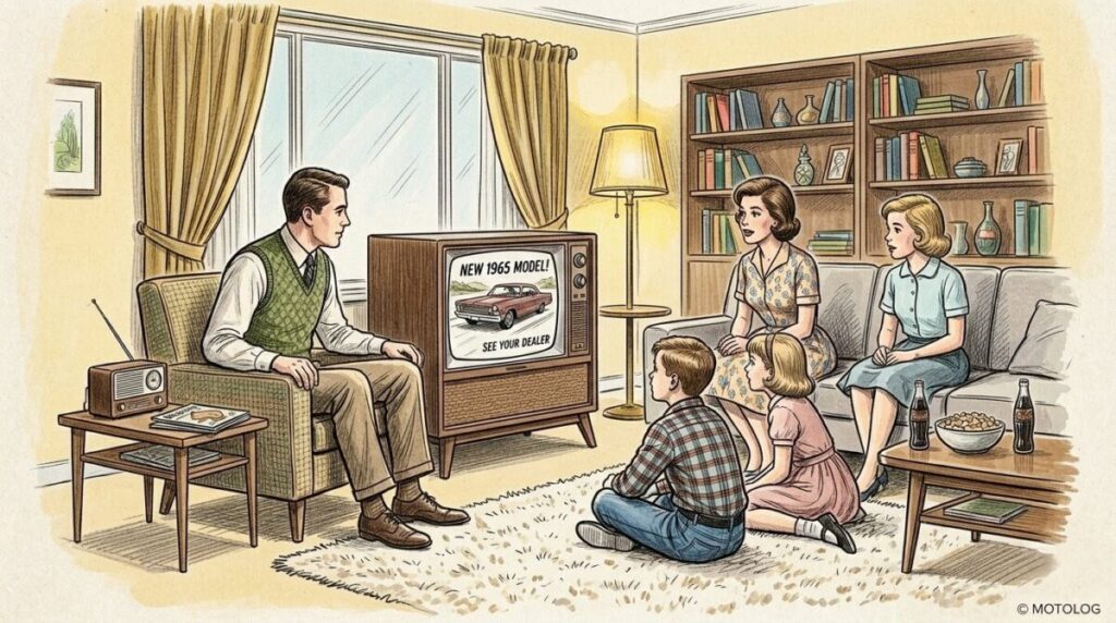1960年代のアメリカ家庭がテレビで自動車広告を視聴している様子を描いたスケッチイラスト