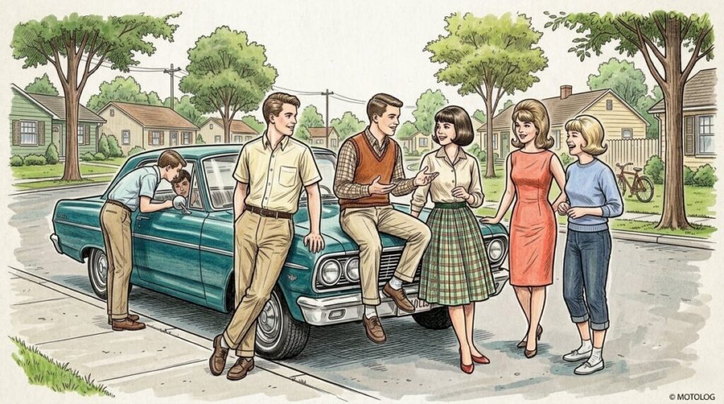 1960年代のアメリカで若者たちがクラシックカーを囲んで交流する様子を描いたスケッチイラスト